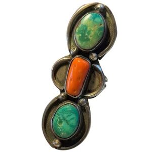 Turquoise and Coral Vintage Southwestern Statement Ring